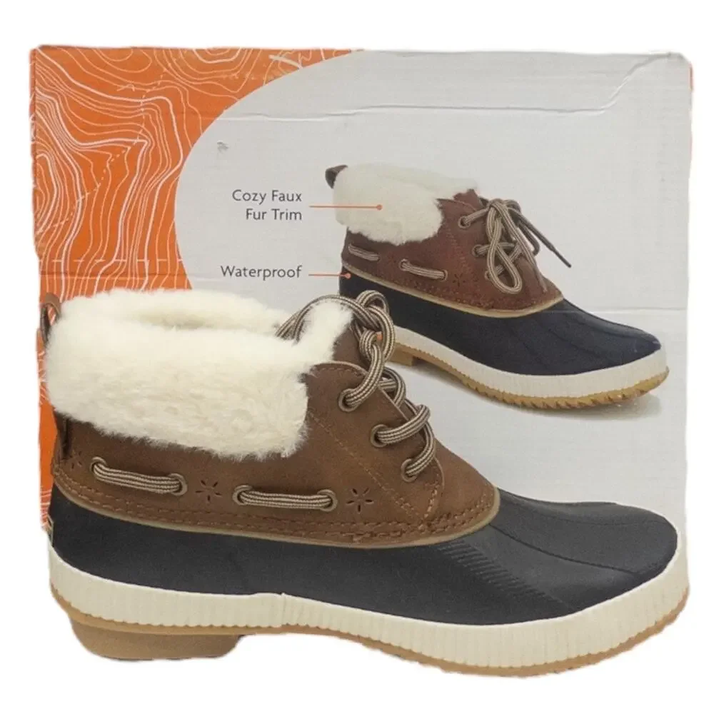 Jambu JSport Waterproof Short Duck Boots Brown Faux Fur Collar Women's 6 7